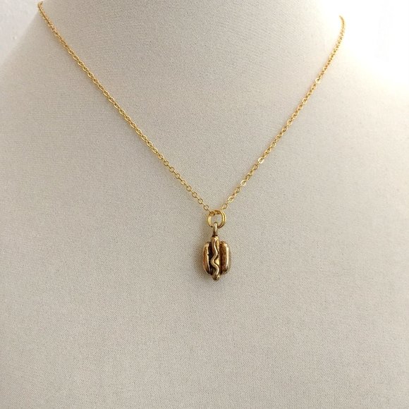 Miniature Gold Plated Pewter Hot dog on a bun Sausage Foodie Charm Necklace - Picture 2 of 5